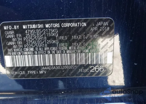 2018 Mitsubishi Outlander Le из США, поврежденный, VIN JA4AD3A30JZ060225